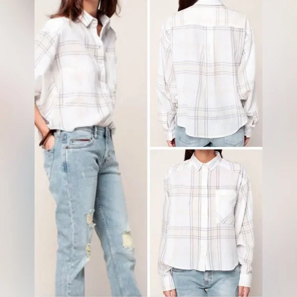 FREE PEOPLE Cutie Plaid Button Down Shirt Top Blouse Dolman Sleeves Ivory SM - Picture 2 of 16